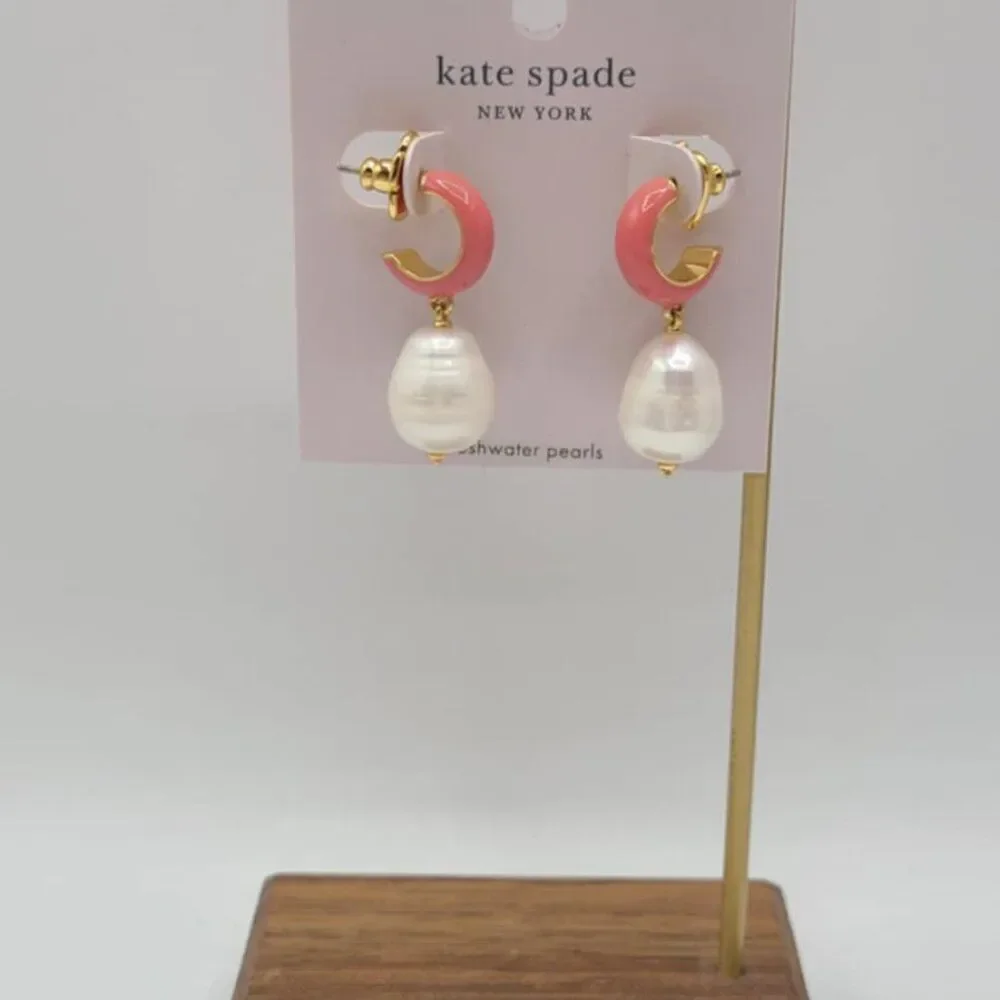 Kate Spade Pink Enamel Huggie Stud Hoop with Peal Dangle NWT! NEW!